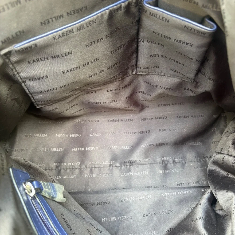 Karen Millen Satchel Bag OS Blue Black Leather Colorblock Tote Purse Quiet Luxuy